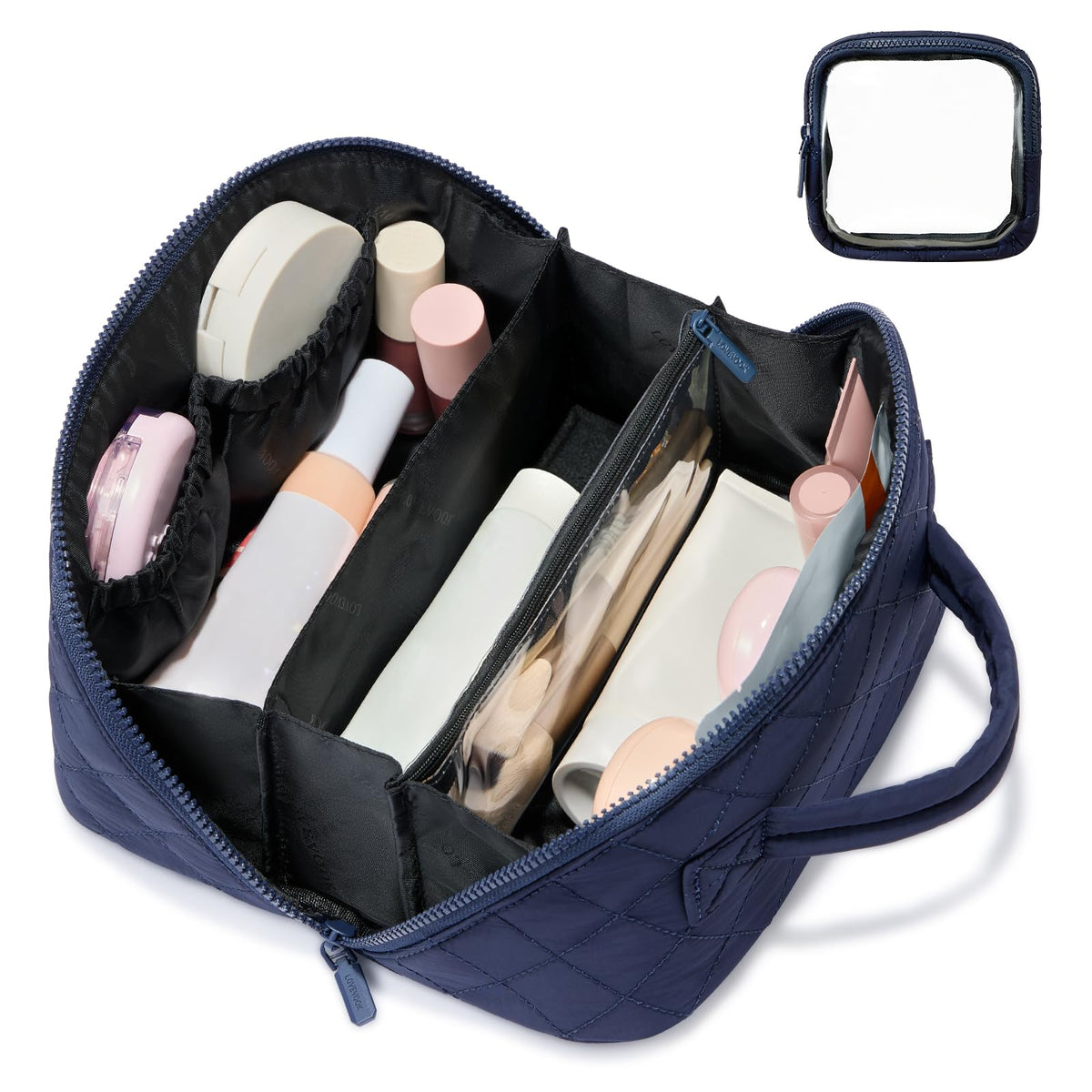 LOVEVOOK Travel Makeup Bag for Women, 2Pcs Puffer Waterproof Cosmetic Organizer, Large Capacity Pouch Open Flat Small Toiletry Bag with Brush Compartment & Handle (Pink, Medium)