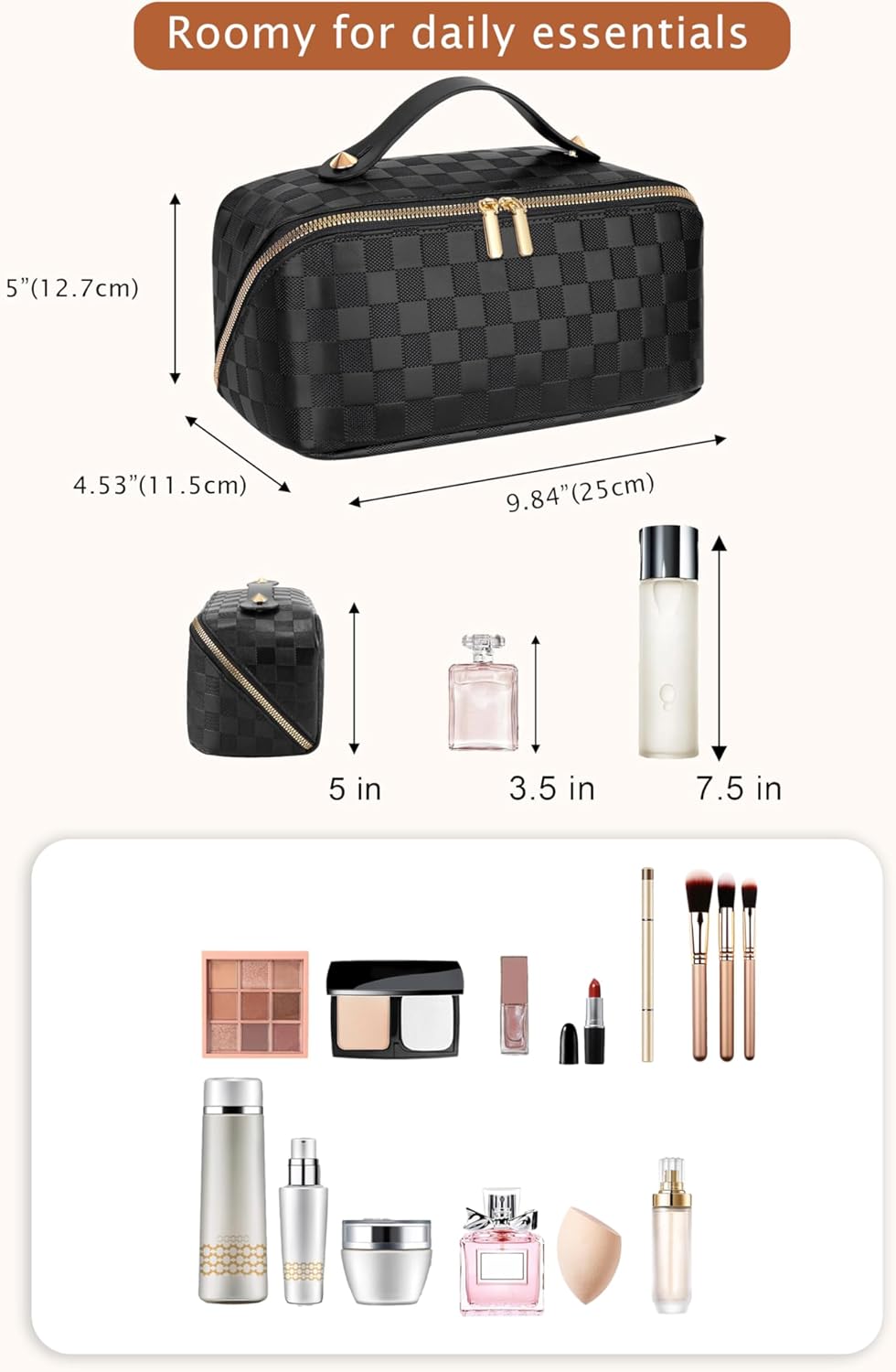 ALEXTINA Travel Makeup Bag, Checkered PU Leather Cosmetic Bag, Black