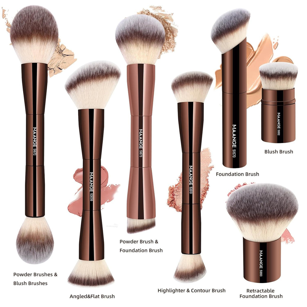 MAANGE 7pcs Makeup Brush Set Double Sided Kabuki Makeup Brushes Contour Brush for Foundation Liquid Powder Concealer Cream Cosmetics Bronzer Blending Blush Buffing Makeup Tools (Coffee)