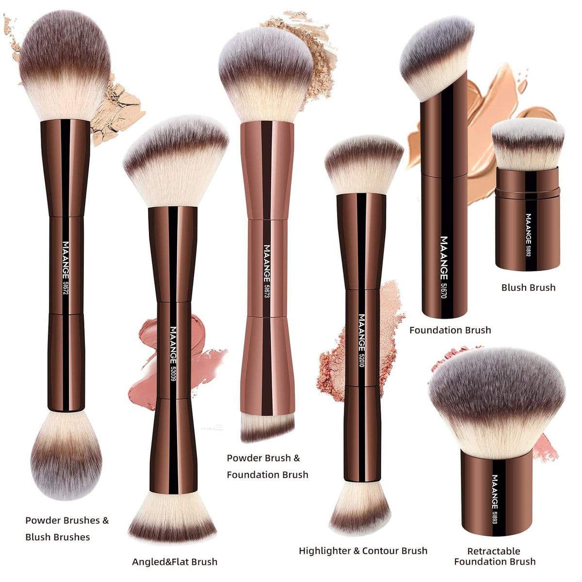 MAANGE 7pcs Makeup Brush Set Double Sided Kabuki Makeup Brushes Contour Brush for Foundation Liquid Powder Concealer Cream Cosmetics Bronzer Blending Blush Buffing Makeup Tools (Coffee)