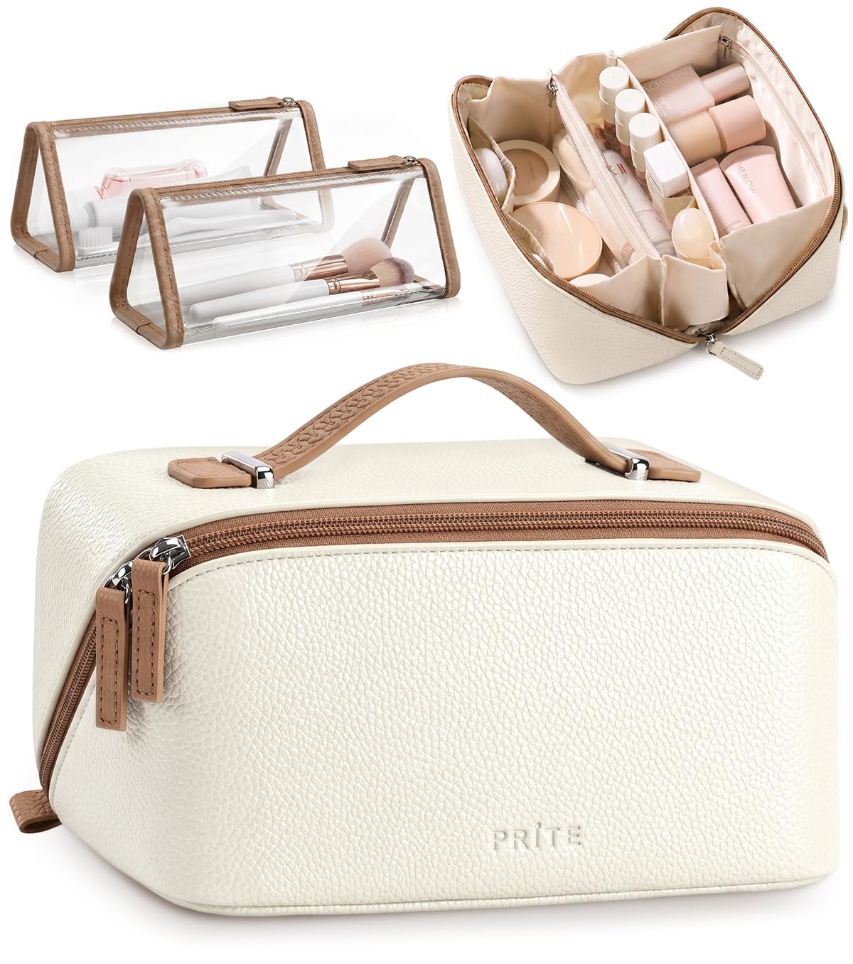 Prite Makeup Bag Travel Toiletry Bag Open Flat Cosmetic Organizer for Women