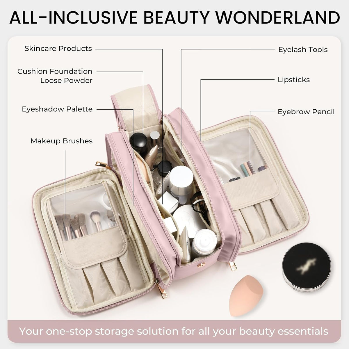 HauteHues Travel Makeup Bag Women's Large Capacity Cosmetic Organize Pink