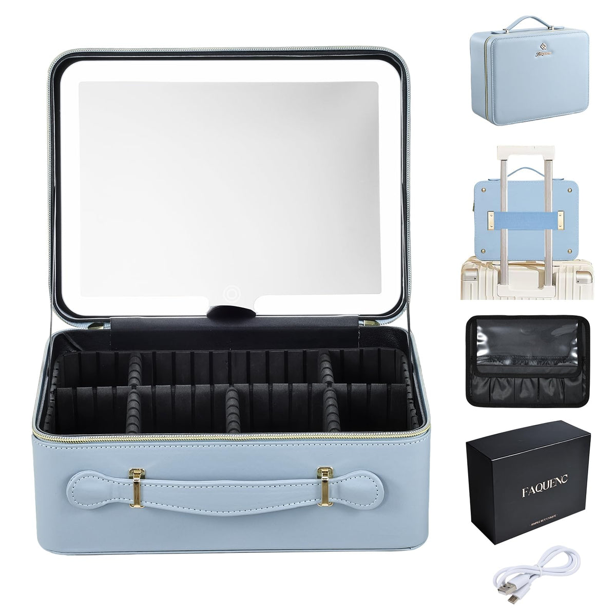Faquenc Leather Makeup Case with LED Lighted Mirror 11.4 Inch Travel Makeup Bag Adjustable Brightness in 3 Colors Cosmetic Organizer Artist Storage Bag with Dividers Brush Holder Bag Vanity White