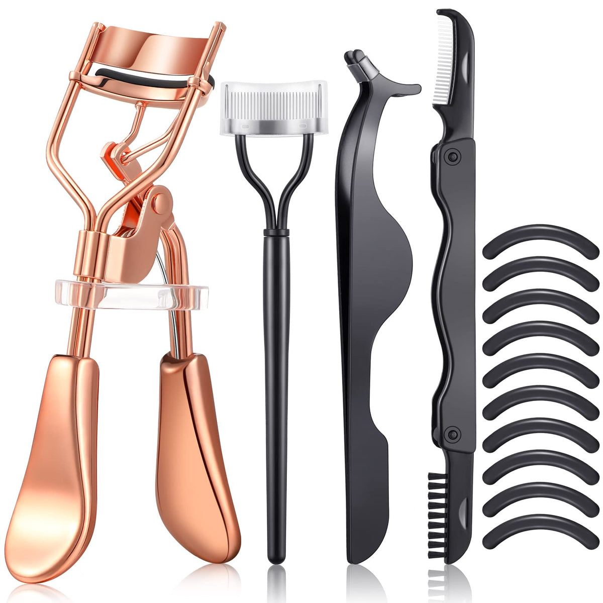 14 Pieces Eyelash Curler Kit Eyelash Comb Eyebrow Brush Tweezers False Eyelashes Applicator Tool Eyebrow Trimmer Silicone Refills Pads for Women(Black and Purple)