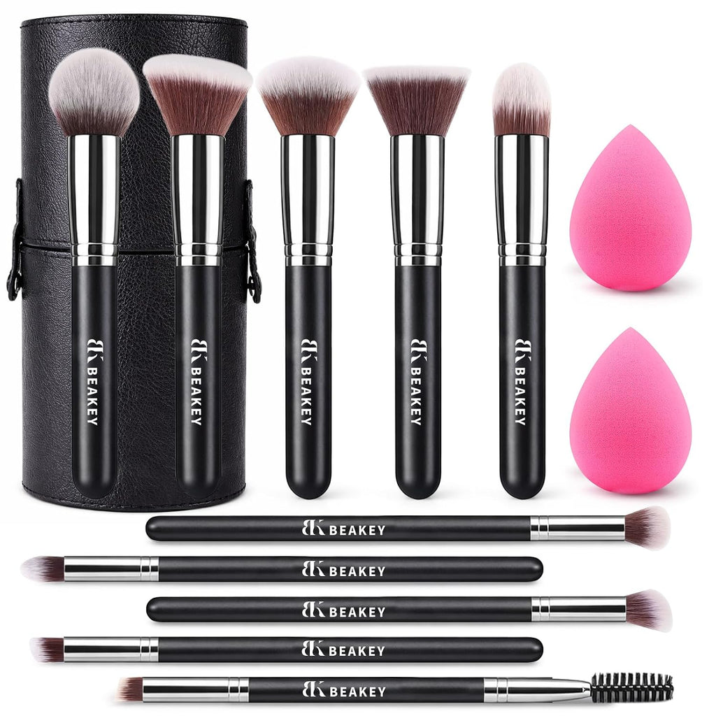 BEAKEY Makeup Brushes set with 2 Blending Sponges,10 Brush Face and Eye Set