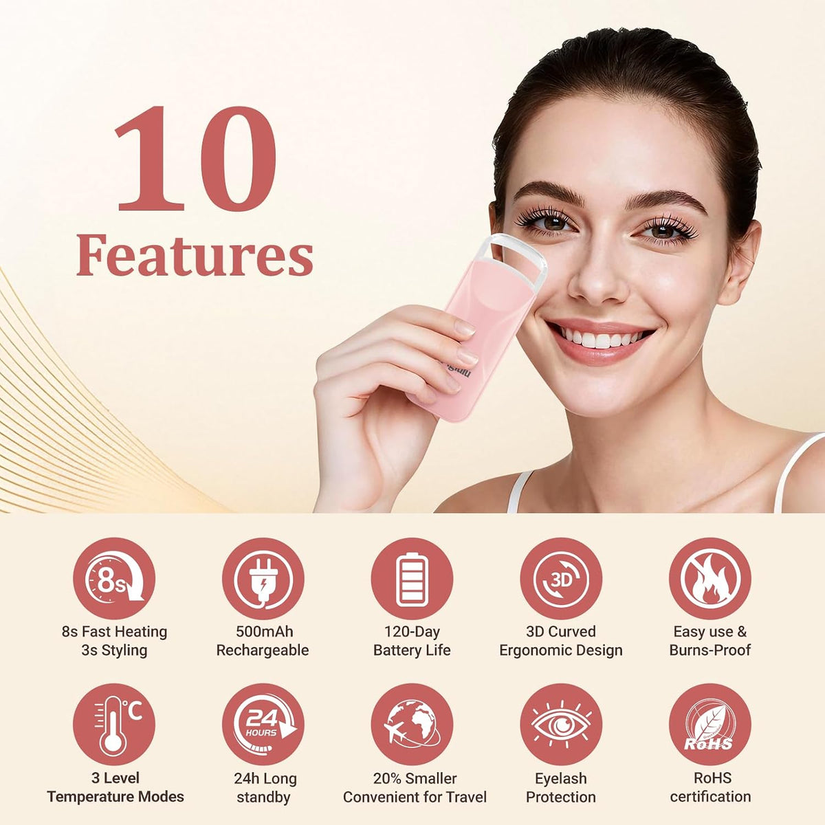 Heated Eyelash Curler,3-Level Temp Mini Travel Electric Lash Curler 10s Heat-3s Curl-24h Hold for Women with Anti-Burn Silicone Pad, Portable Type-C Charging for Long-Lasting Natural Effortless Curves
