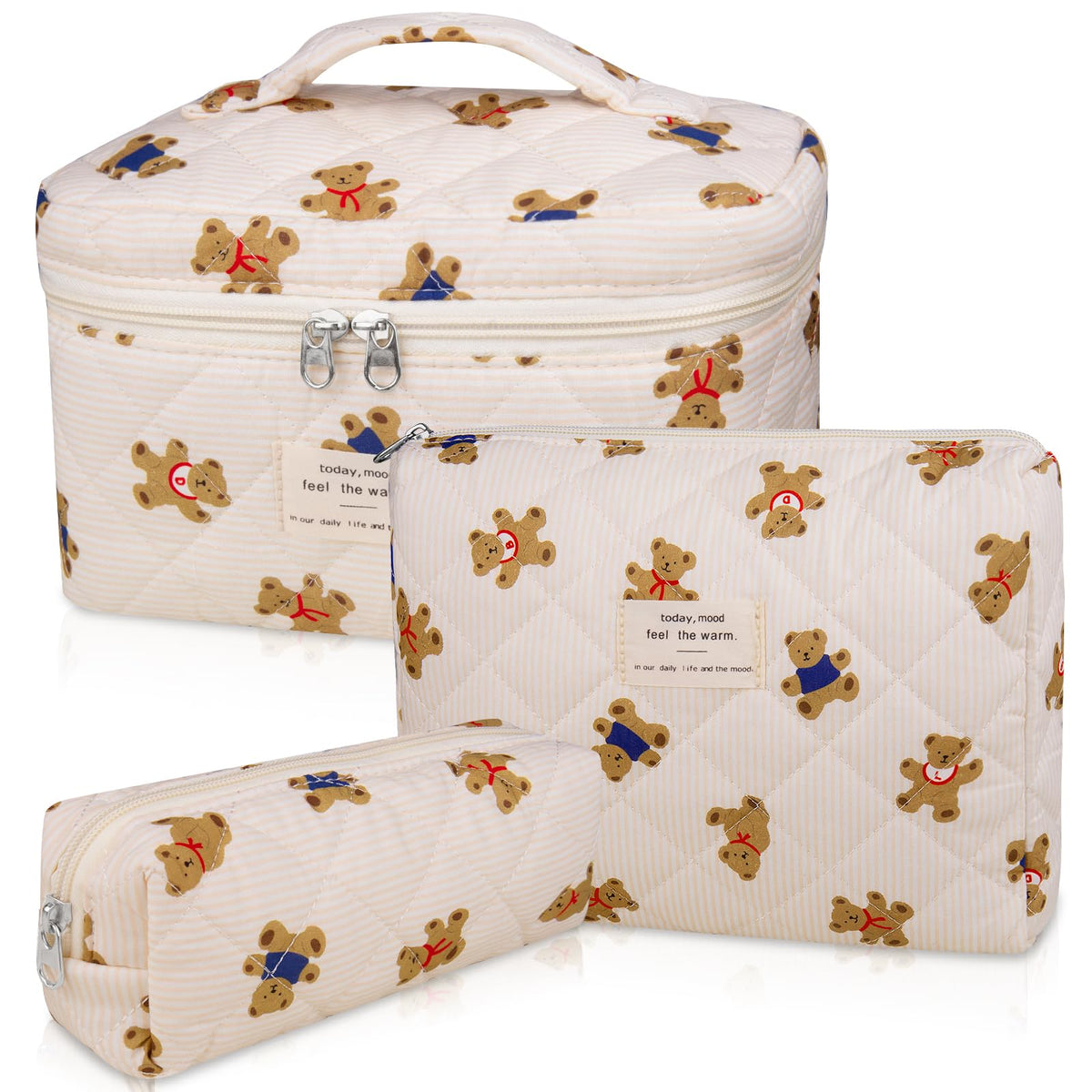 Gosect Makeup Bag, Large Quilted Cosmetic Bag, Big Floral Make Up Bag for Women Girls, Cute Cotton Makeup Bag Set, Flower Travel Toiletry Organizer Bag (Blue Flower)