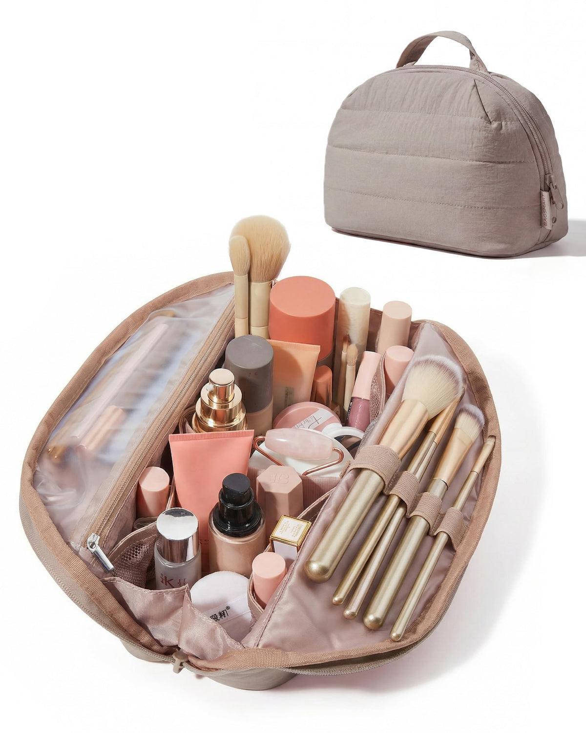 BAGSMART Travel Parallel Makeup Bag, Fold-Down Cosmetic Pouch for Women
