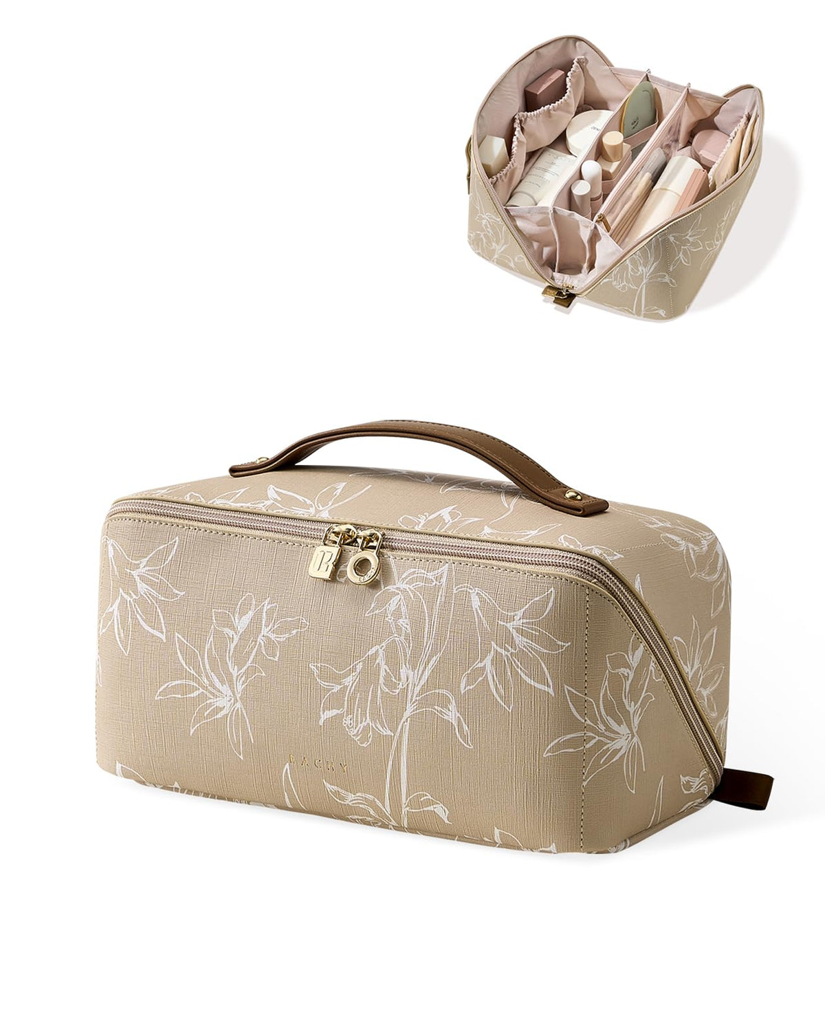 EACHY Travel Makeup Bag, Floral Cosmetic Bag for Women, Beige, Medium