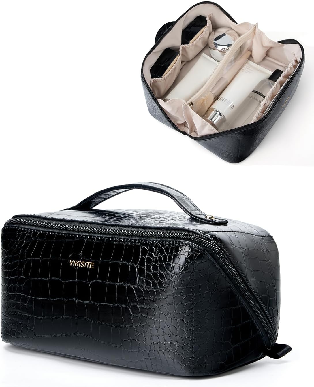 Make Up Bag, Cosmetic Organizer for Women, Waterproof Croc PU Leather Makeup Organizer with Divider and Handle Toiletry Bag Travel Bag (Croc Embossed, Black)