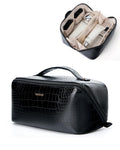 Make Up Bag, Cosmetic Organizer for Women, Waterproof Croc PU Leather Makeup Organizer with Divider and Handle Toiletry Bag Travel Bag (Croc Embossed, Black)