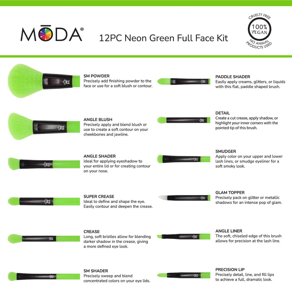 MODA Neon Green Makeup Brush Set, 12pc Colorful Face & Eye Brushes, Vegan