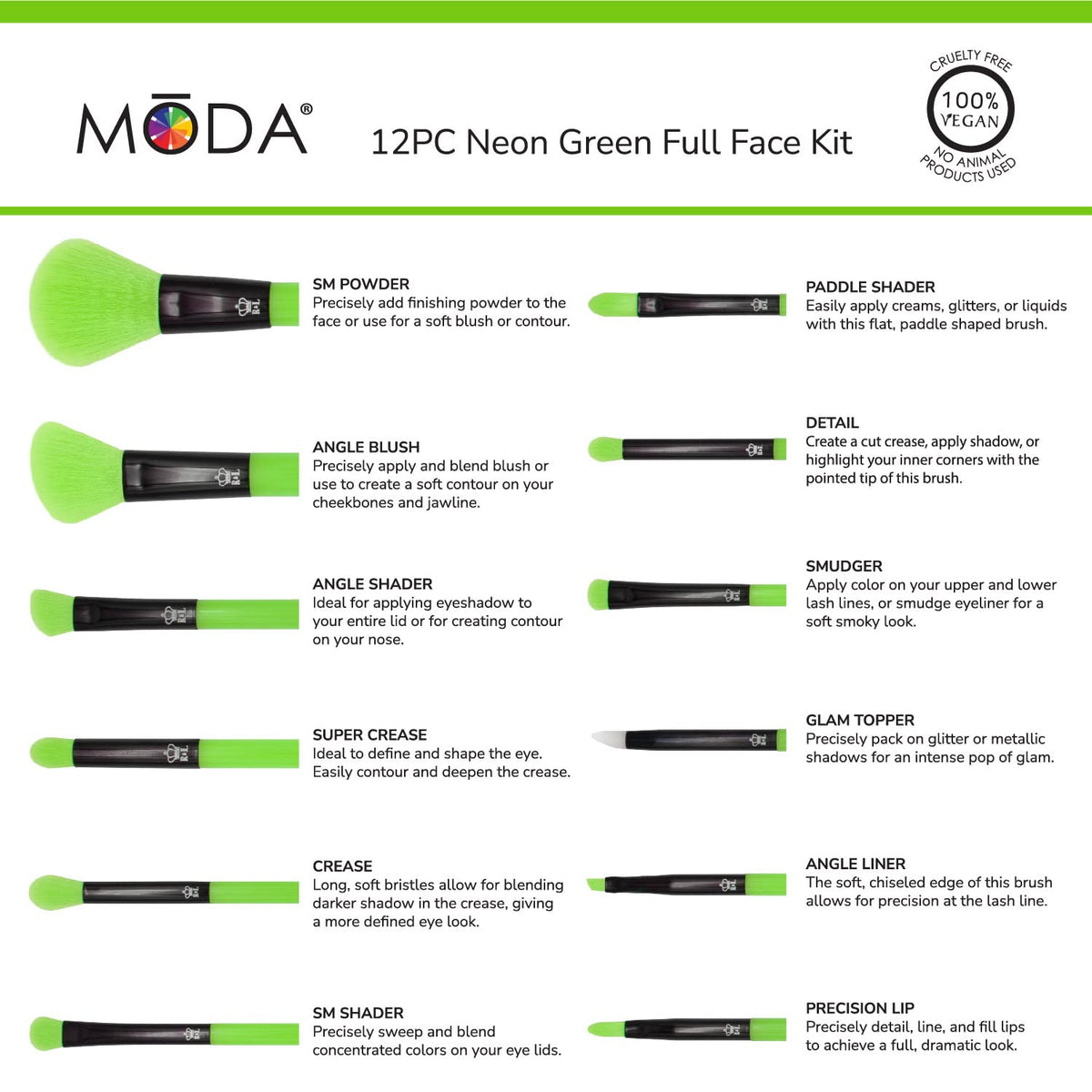 MODA Neon Green Makeup Brush Set, 12pc Colorful Face & Eye Brushes, Vegan