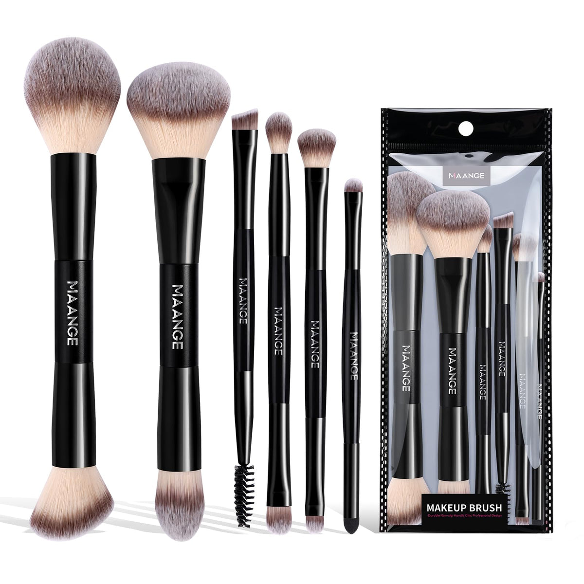 MAANGE 6 Pcs Makeup Brush Set Travel Double-Ended Makeup Brushes for Foundation Powder Concealer Blush Blending Eyeshadow Brushes-Coffee