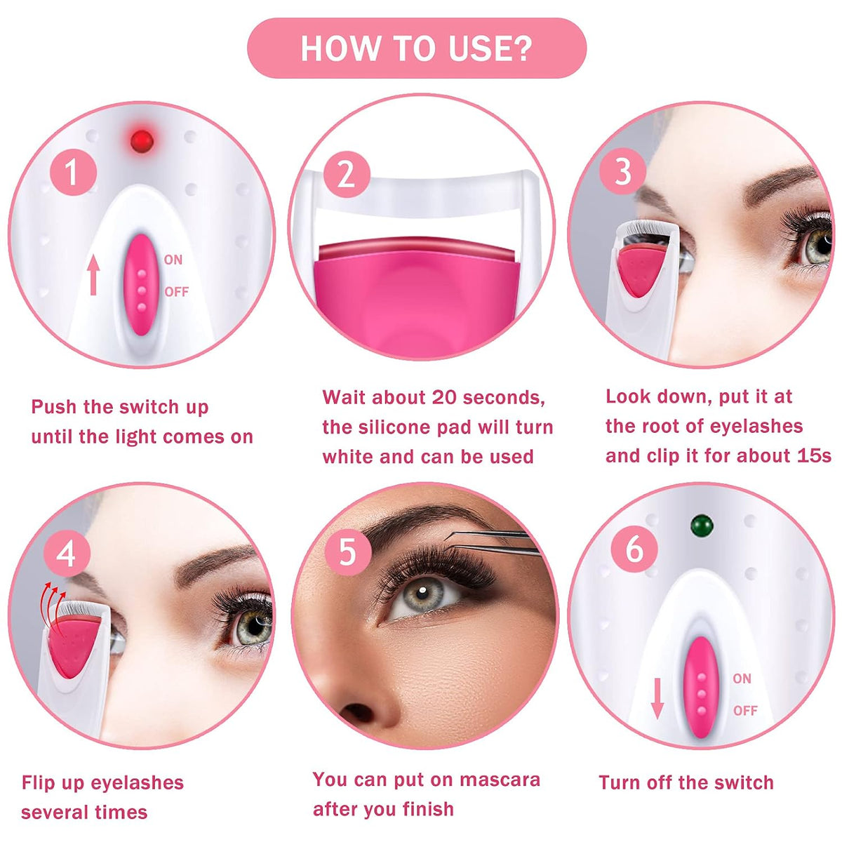 2 Pieces Heated Eyelash Curler Electric Eyelash Curlers Painless Safety Design with Double Silicone Curling Pad for Women Long Lasting Naturally Eyelashes (Pink)