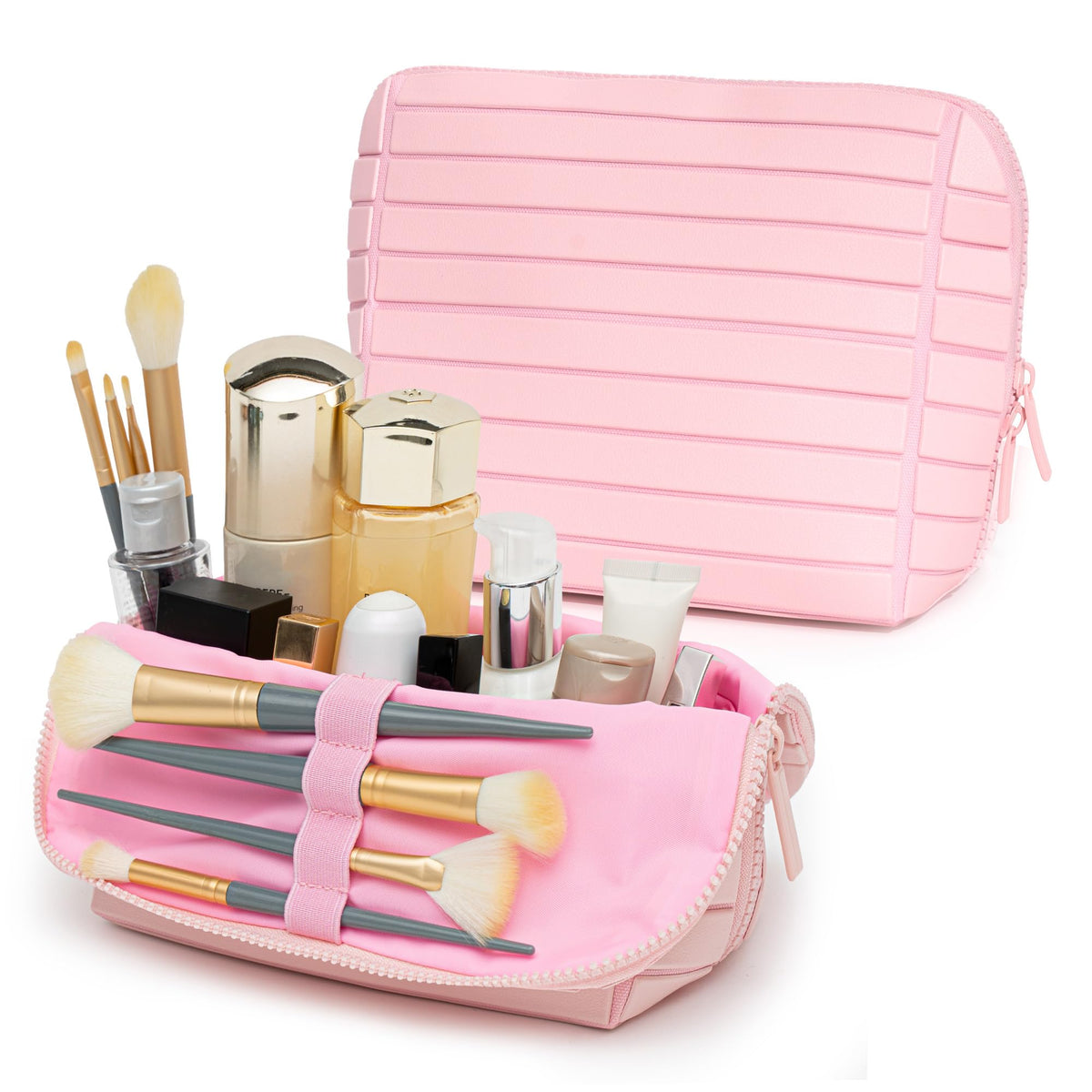 Minoisome Travel Makeup Bag,PU leather toiletry bag,make up organizer case for women,Large Capacity Cosmetic Bag,Wide-open Pouch Purse，Toiletries Accessories，Fold-Down Design and Adjustable Dividers.