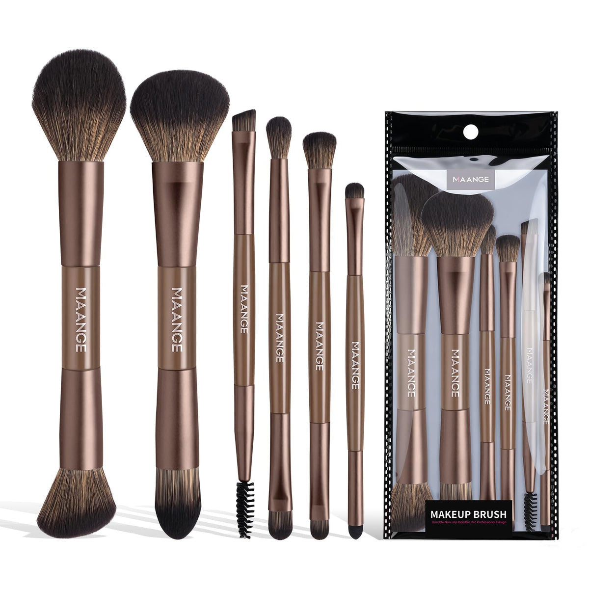 MAANGE 6 Pcs Makeup Brush Set Travel Double-Ended Makeup Brushes for Foundation Powder Concealer Blush Blending Eyeshadow Brushes-Coffee