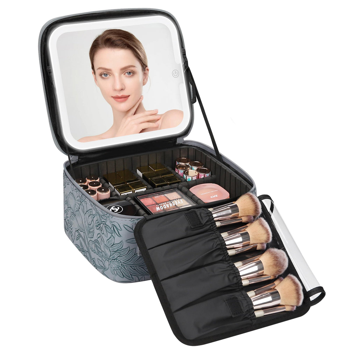 Relavel Travel Makeup Bag With LED Mirror Portable Travel Makeup Organizer 3 Color Adjustable Brightness Waterproof Cosmetic Train Case with Removable Dividers Makeup Storage for Women, Pink