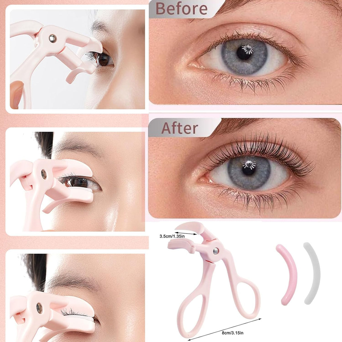 Pink Eyelash Curler with 2 Silicone Refill Pads, Lash Curler for Perfect Lashes, Eyelash Curler for Women and Girls