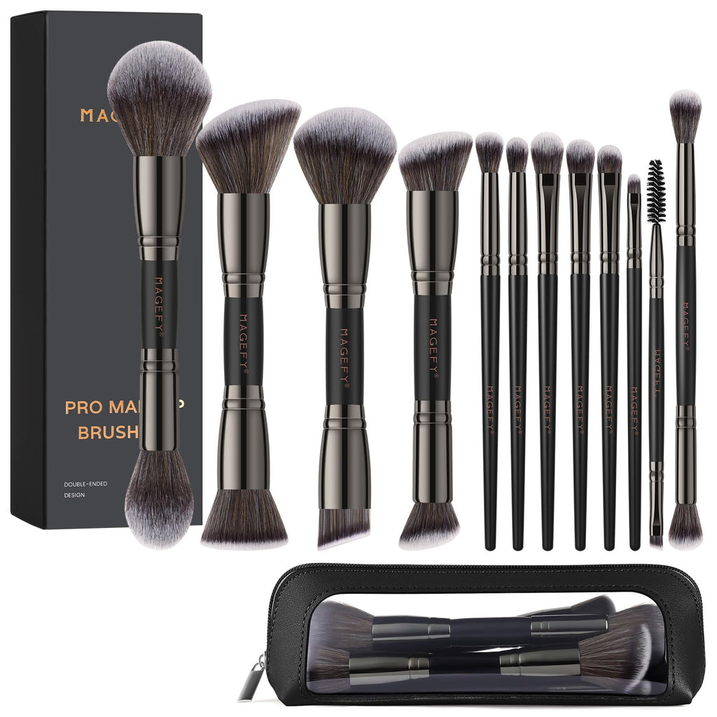 MAGEFY Makeup Brushes 12Pcs with Bag, Double-End Multi-functional for Foundation Powder Blush Eyeliner Eyeshadows brushes with Gift Box,Champagne