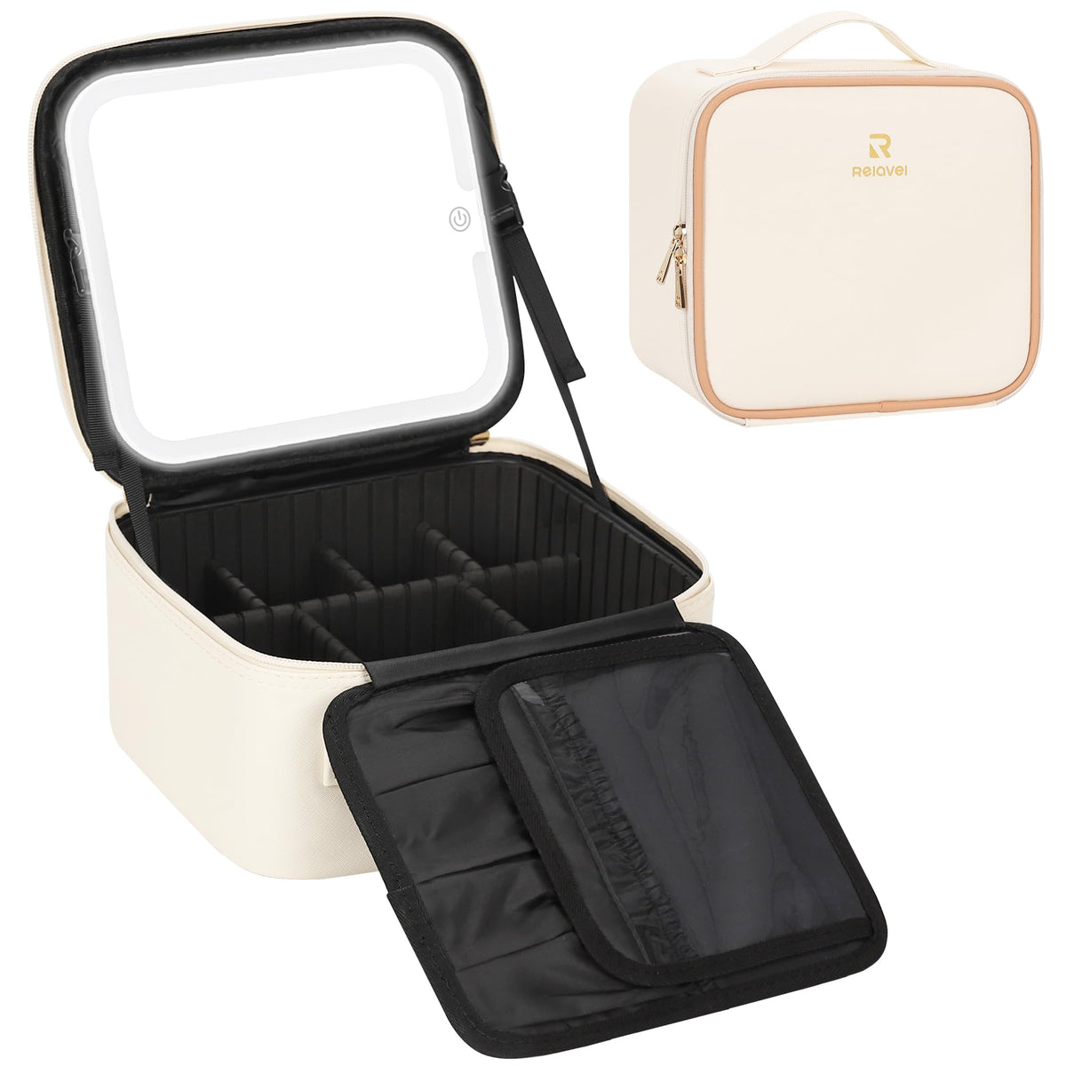 Relavel Travel Makeup Bag With LED Mirror Portable Travel Makeup Organizer 3 Color Adjustable Brightness Waterproof Cosmetic Train Case with Removable Dividers Makeup Storage for Women, Pink