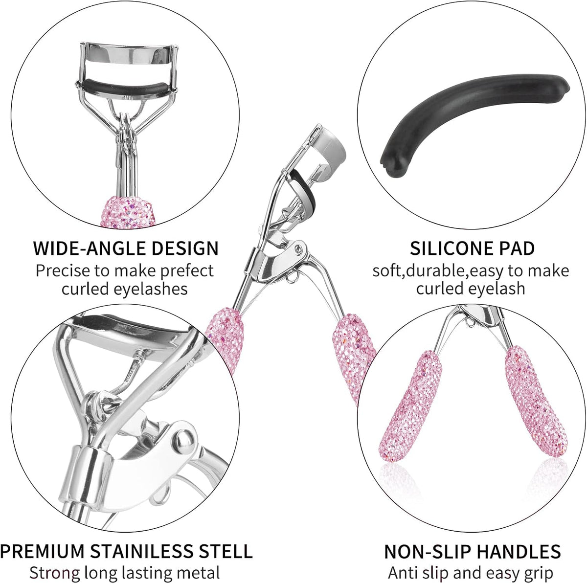Bling Rhinestone Eyelash Curlers Stainless Steel Natural and Long Lasting Eyelash Fit for All Eye Shape Curved Lash Curler (Pink)