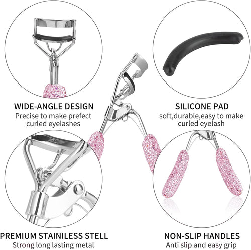 Bling Rhinestone Eyelash Curlers Stainless Steel Natural and Long Lasting Eyelash Fit for All Eye Shape Curved Lash Curler (Pink)