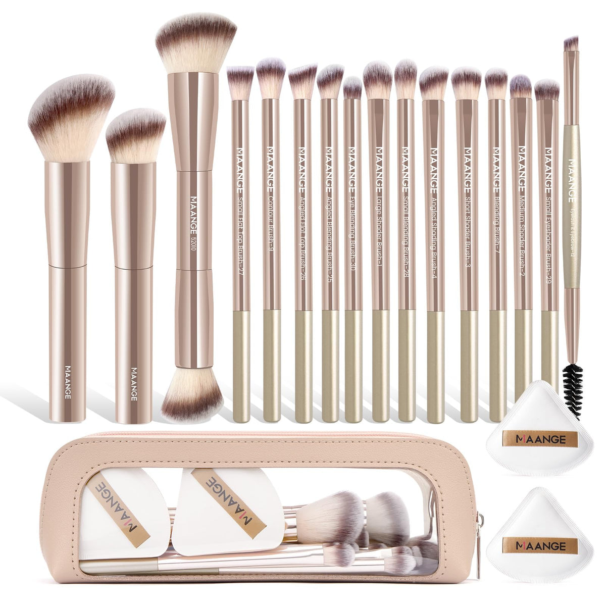MAANGE Makeup Brush Set 19 PCS Travel Makeup Brushes Eyeshaowder Powder Concealers Foundation Professional Make Up Brush Set with Case (Coffee)
