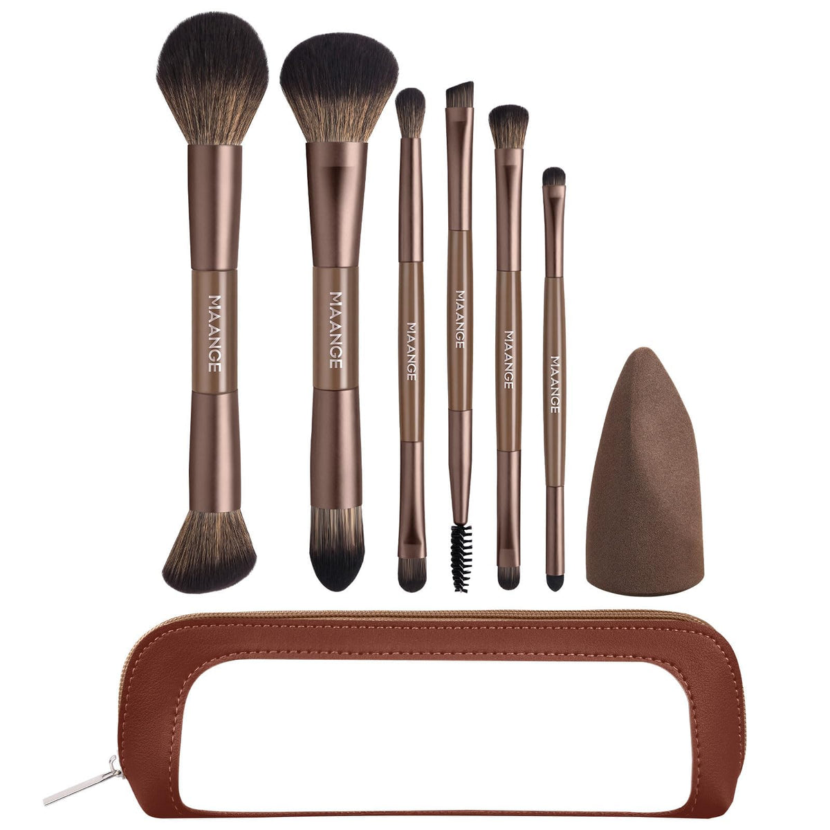 MAANGE 6Pcs Double Ended Makeup Brush Set with Makeup Sponge & Travel Bag
