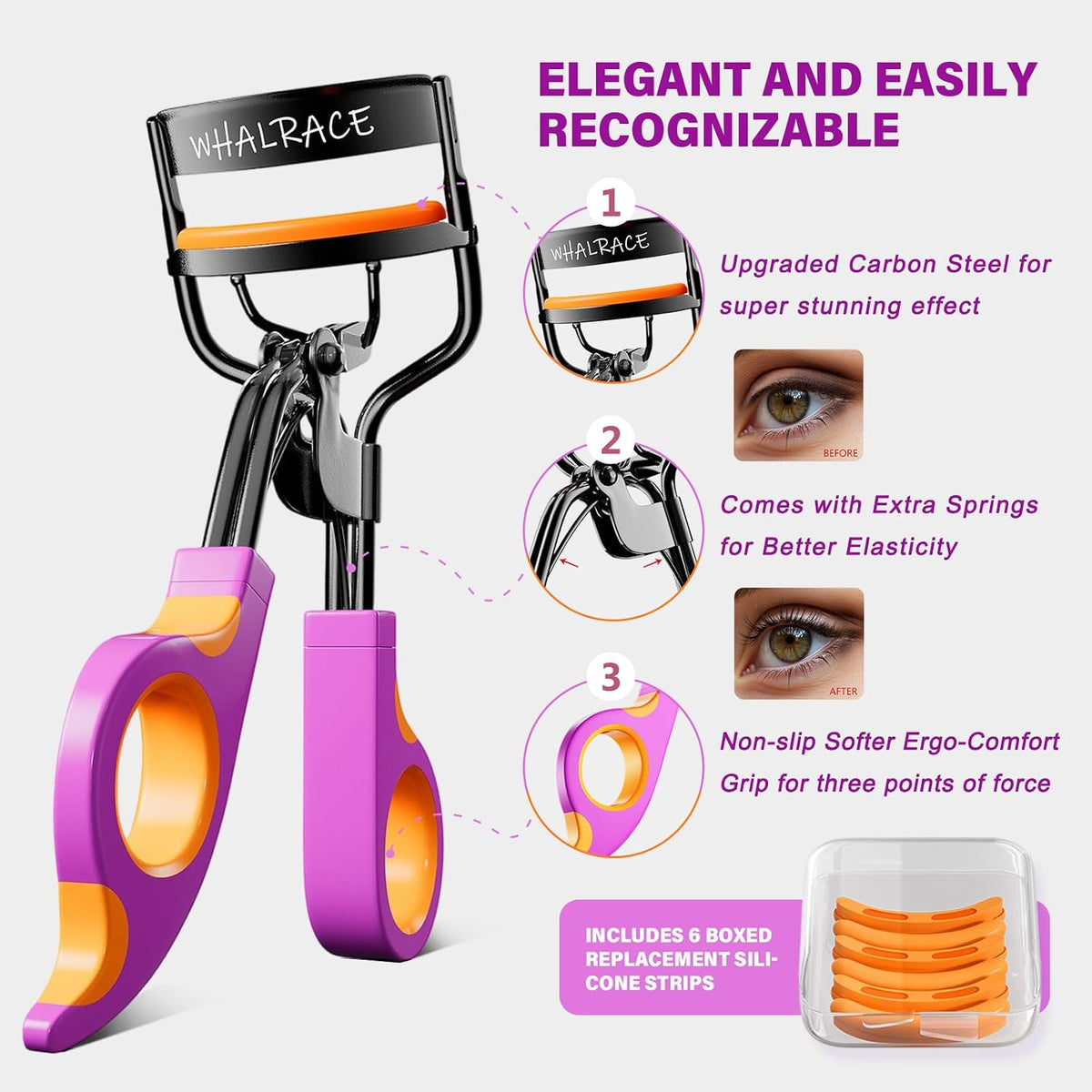 Eyelash Curlers with 6PCS Extra Replacement Pads, Premium Quality Eye Lash Curler, Superior Curling Effect, Easy to Hold and Use, Valentine's Day Gift for Her - Orange Purple Handle