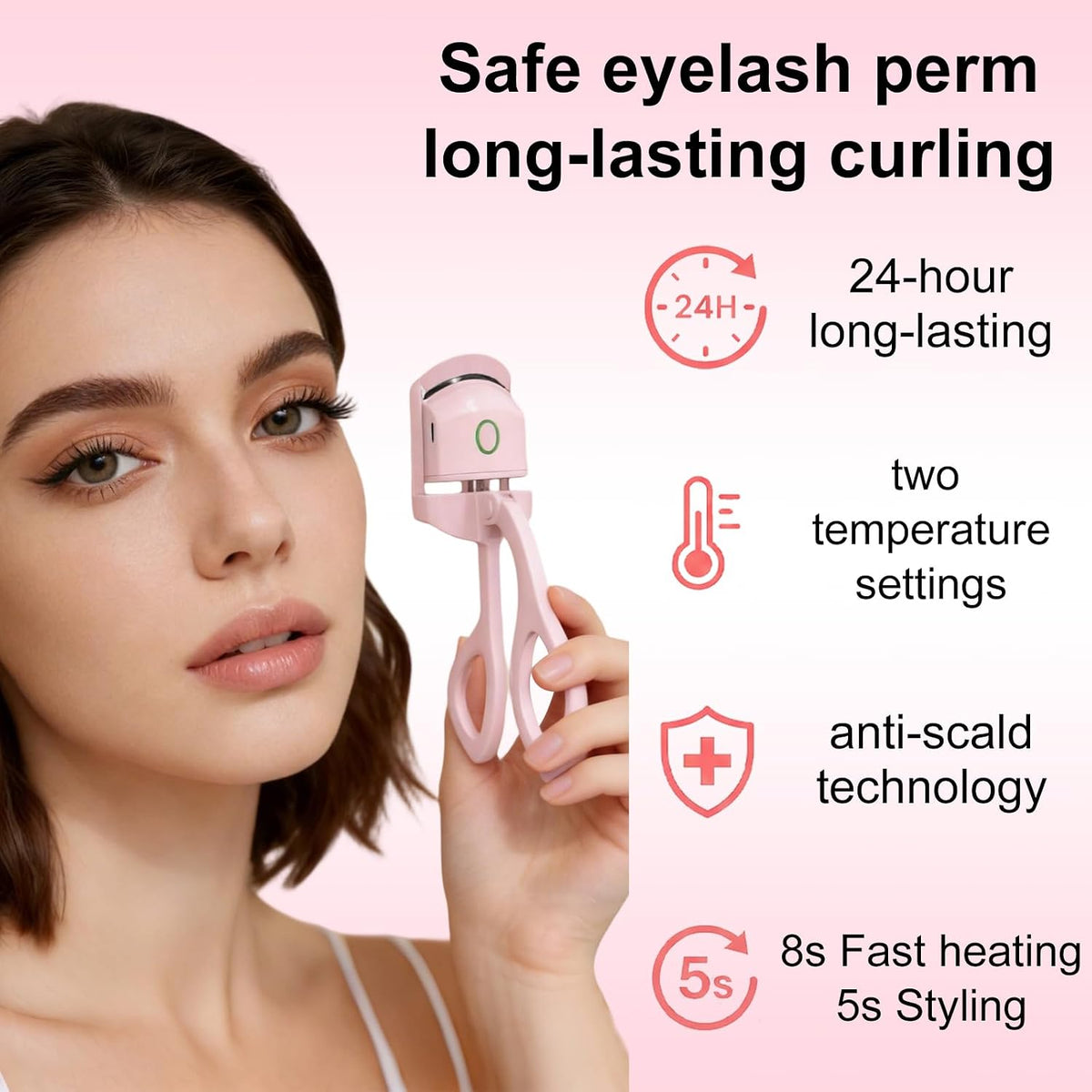 Heated Eyelash Curler - 2-Level Temperature Adjustment, Eyelash Curler with 24Hour Long-Lasting Curling Ability, 8-Second Quick Heating, Easily Creating Natural and Beautiful Eyelashes (Pink, Model2)