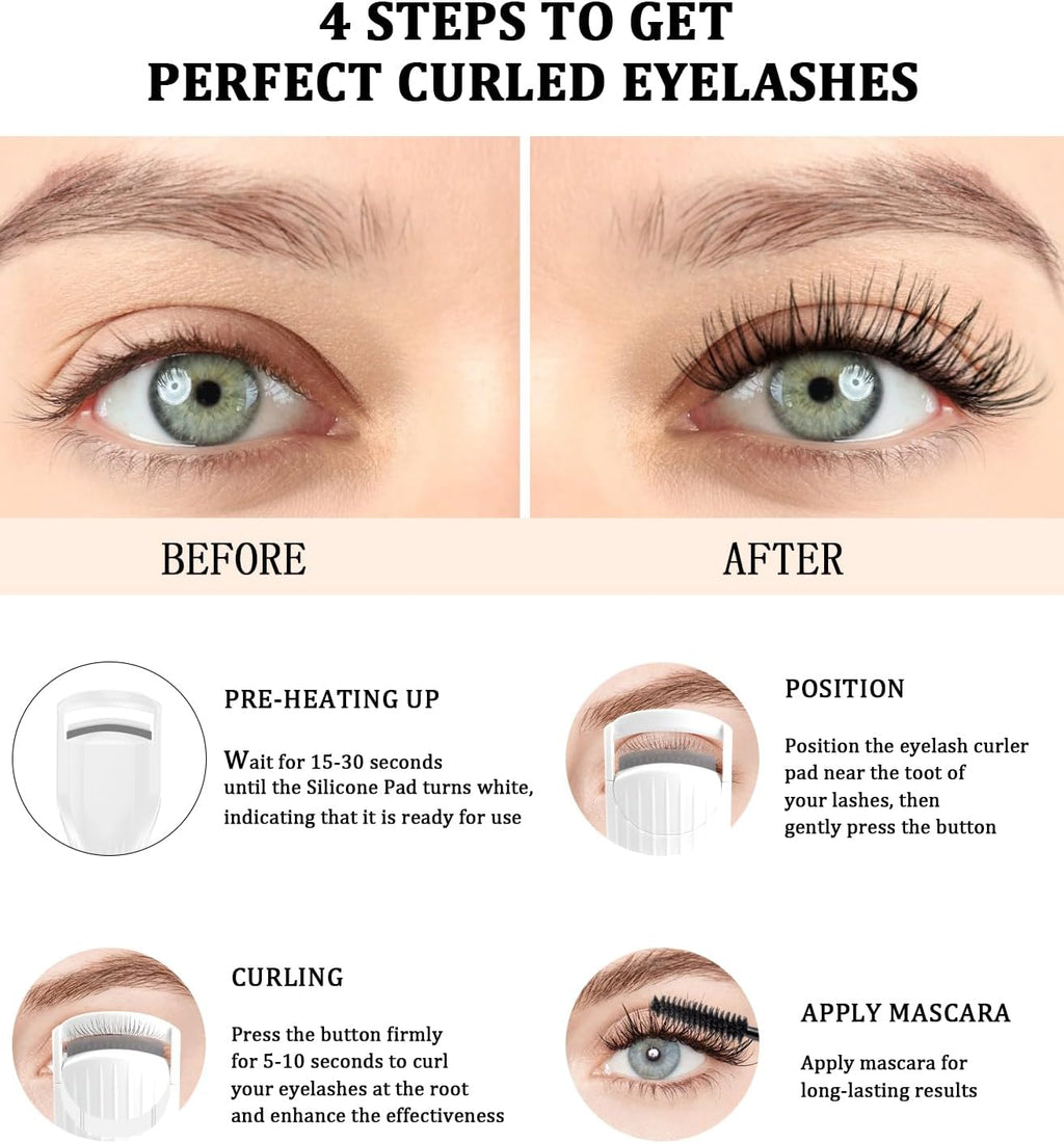 Heated Eyelash Curler Premium PRO - Fast Heat up in 8s - 24 Hours Long Lasting - Rechargeable Electric Eyelash Curler with Type-C, Innovative L Silicone, 2 Heat Modes, Anti-Burn Eyelid, White-EC