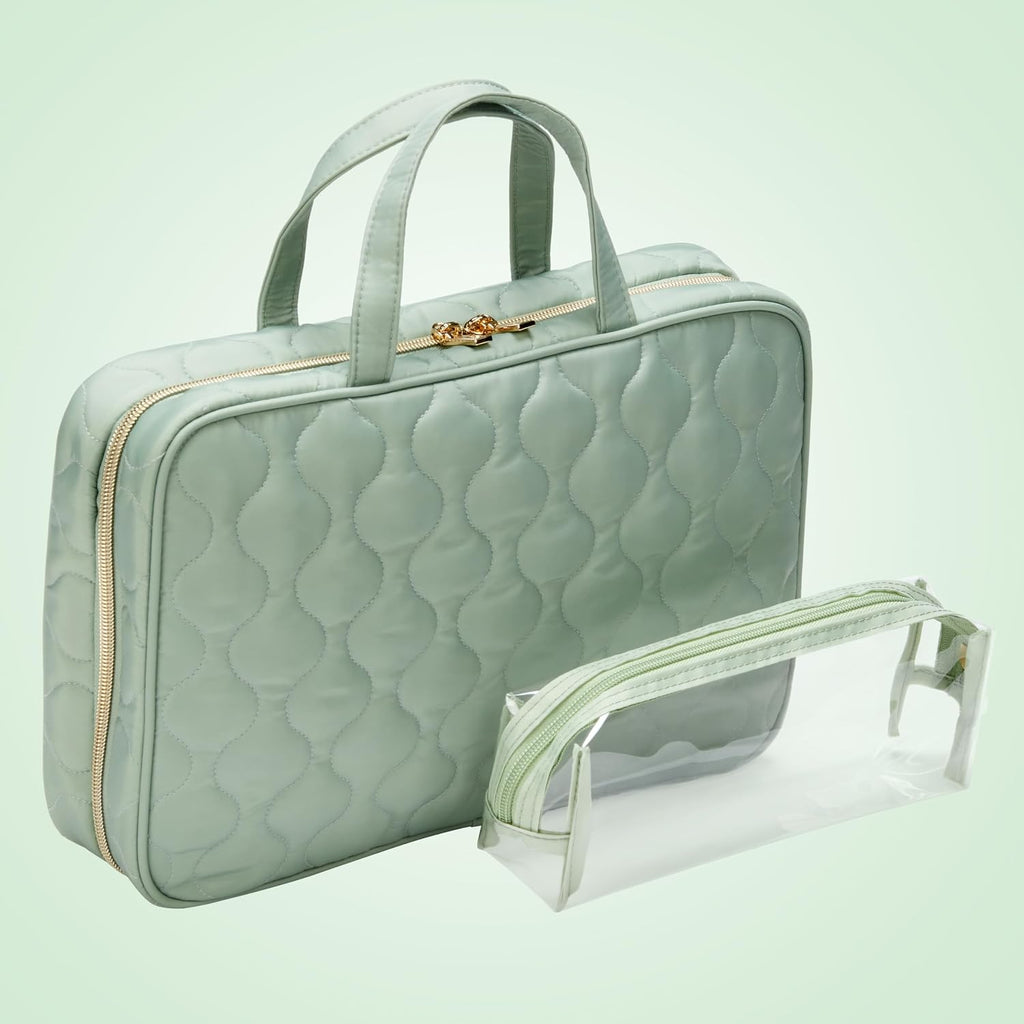 CONAIR Travel Toiletry Bag with Handles, Travel Makeup Bag, 2 Clear Zippered Compartments, 2 Flat-Zip Pockets and Removable Clear Plastic Pencil Case, Easy to Clean, 1 Count, Sage Green
