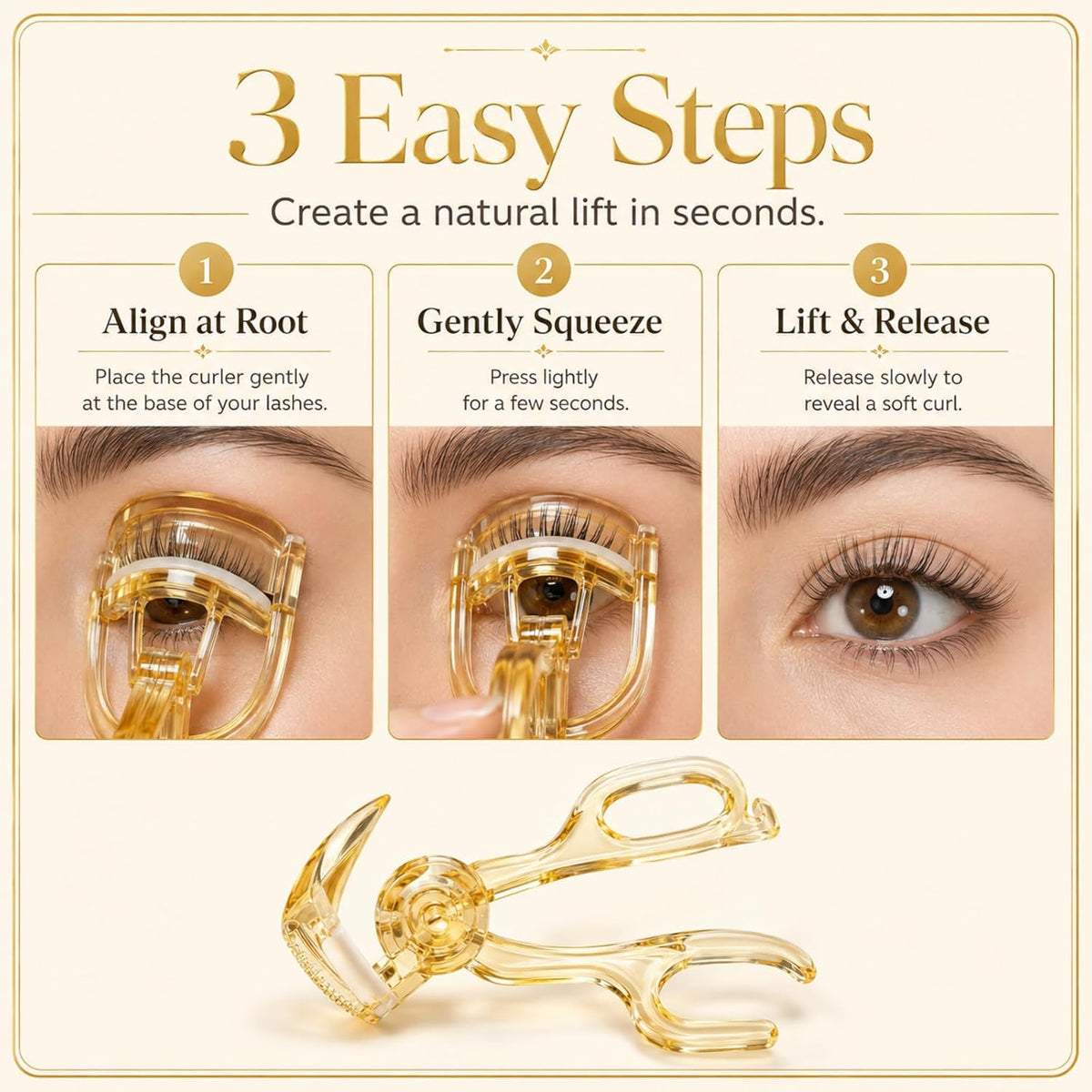 Frameless Eyelash Curler Lash with Toothed Comb, Eyelash Curlers for Natural Curl, Gentle Lash Lifting Tool, Enchinador (Yellow)