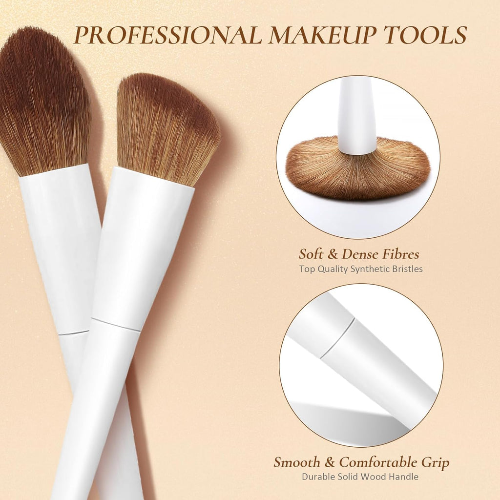 LUXBRU Makeup Brushes With Case 20PCs Professional Makeup Brush Set, Foundation Powder Eyeshadow Brush Set Eyebrow Concealer Contour Travel Brushes Kit with Holder & 2 Powder Puff-White