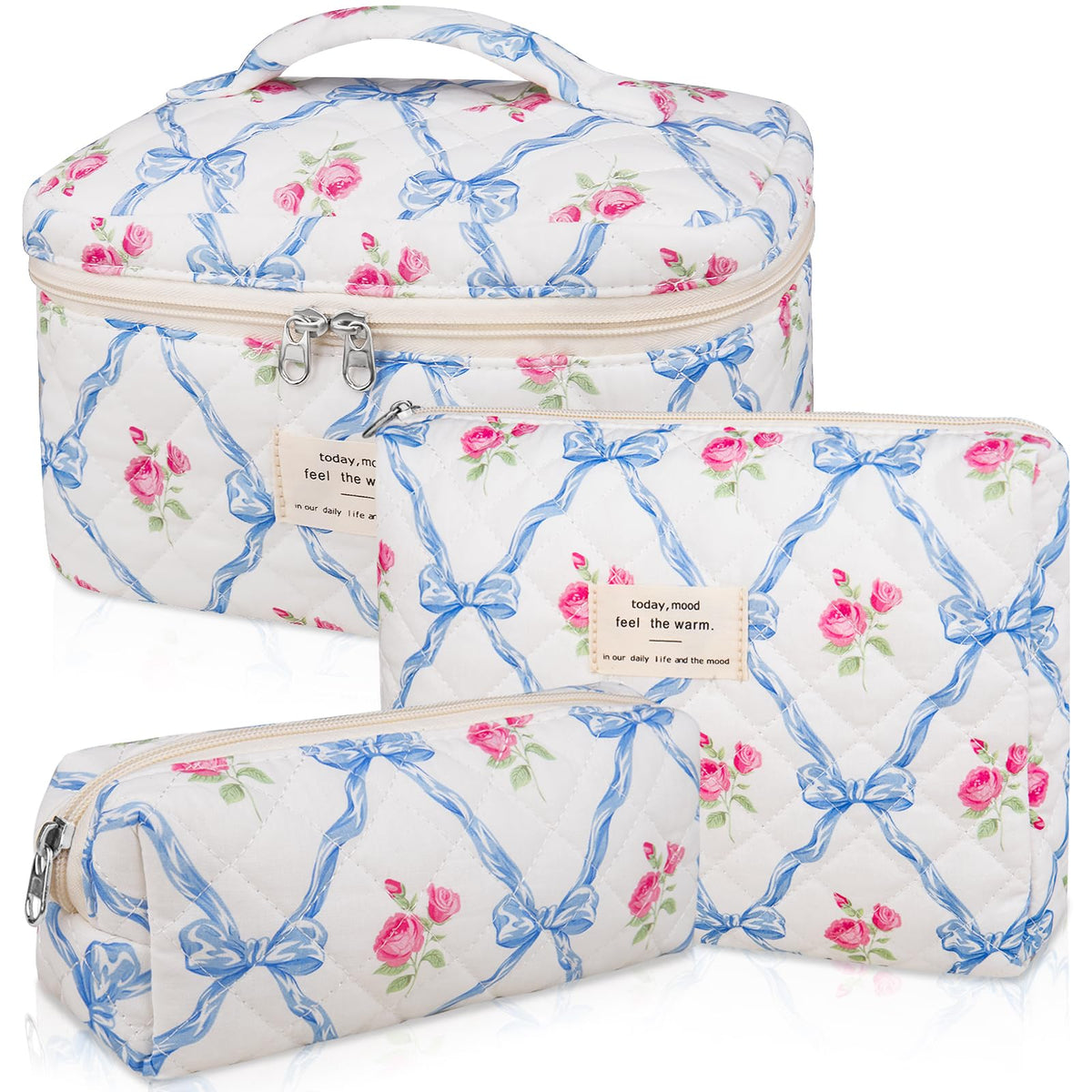 Gosect Makeup Bag, Large Quilted Cosmetic Bag, Big Floral Make Up Bag for Women Girls, Cute Cotton Makeup Bag Set, Flower Travel Toiletry Organizer Bag (Blue Flower)