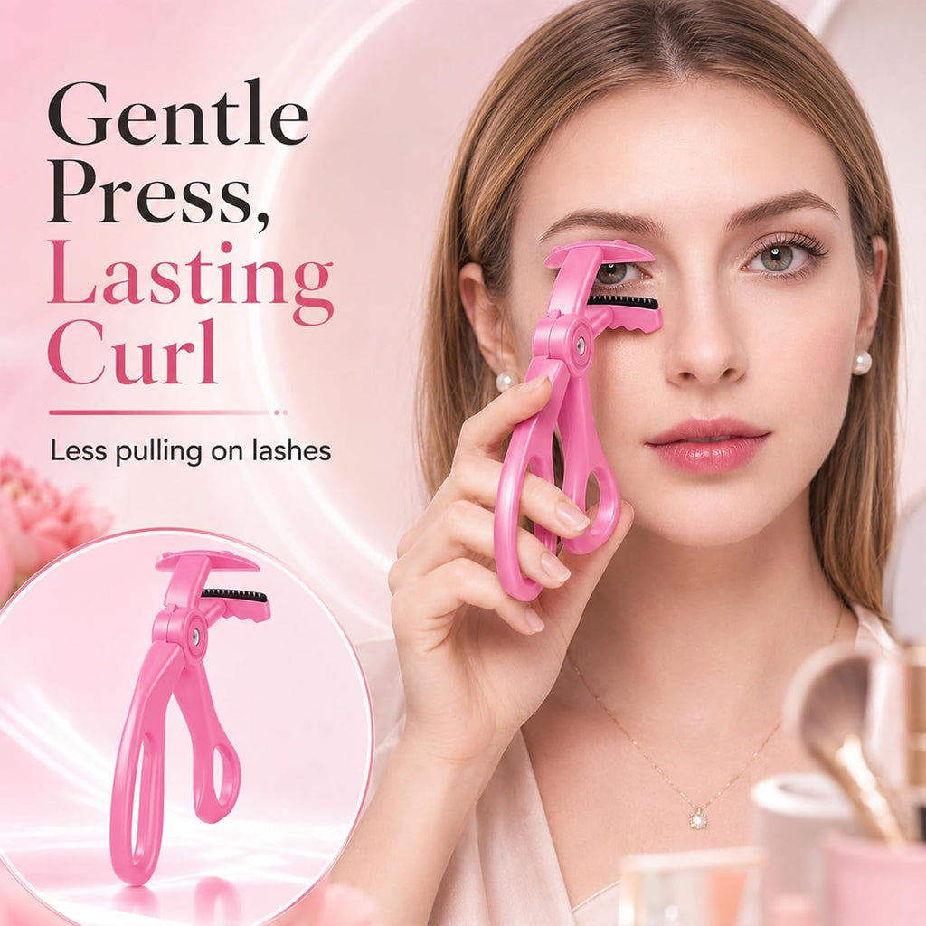 Wide‑Angle Eyelash Curler with Comb, Pinch-Free Lash Curler, White+Pink