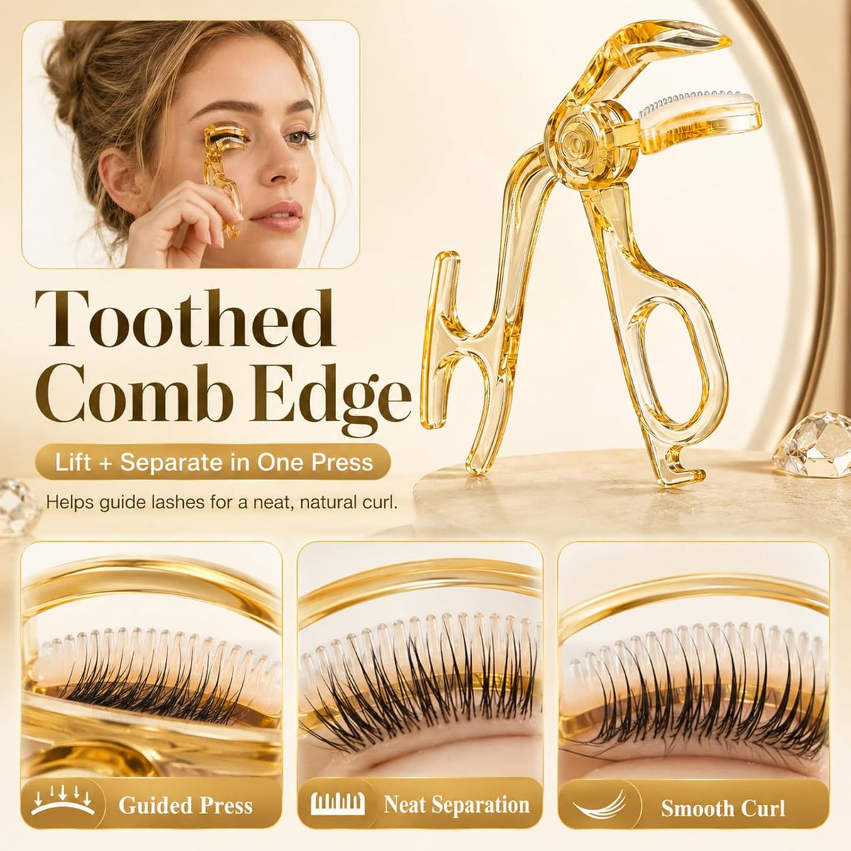 Frameless Eyelash Curler Lash with Toothed Comb, Eyelash Curlers for Natural Curl, Gentle Lash Lifting Tool, Enchinador (Yellow)