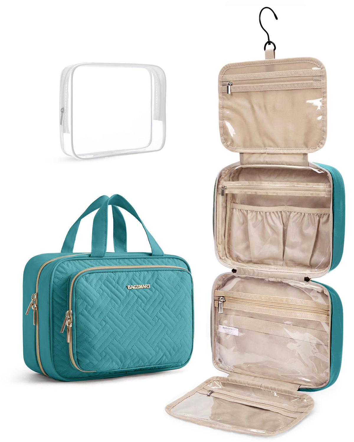 BAGSMART Toiletry Bag Hanging Travel Makeup Organizer with TSA Approved Transparent Cosmetic Bag Makeup Bag for Full Sized Toiletries, Medium-Black