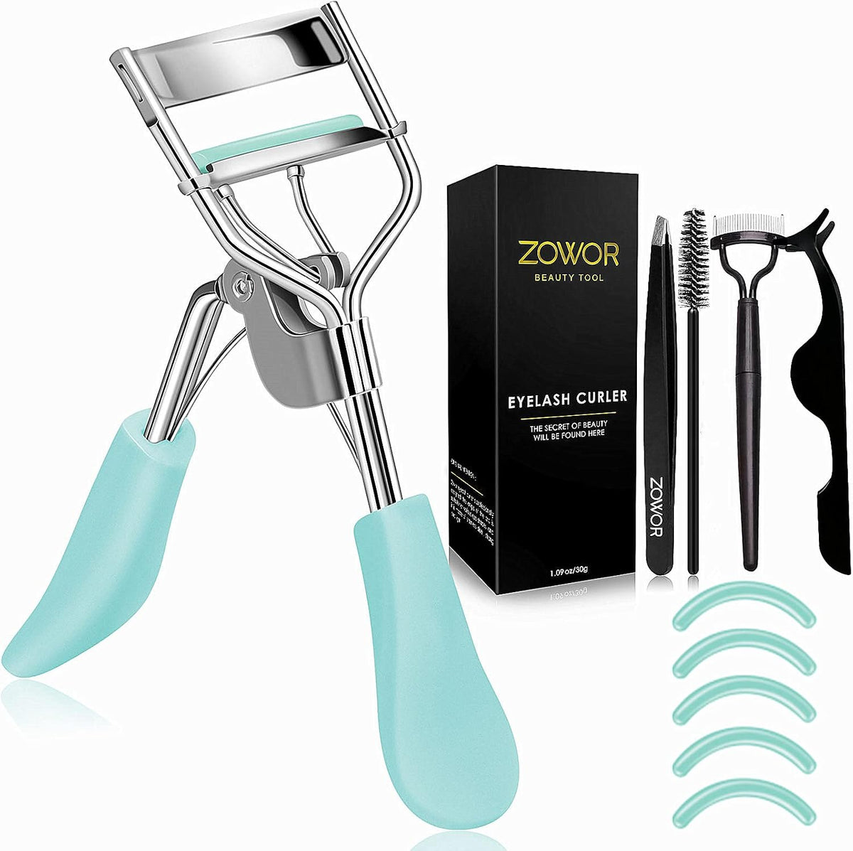 Eyelash Curler with Comb and Brush Fit All Eye Shape Curved Eyelash Curlers with 6PCS Silicone Refill Pad,Natural and Long Lasting Lash Curler for Women Make Up Gift(Blue)