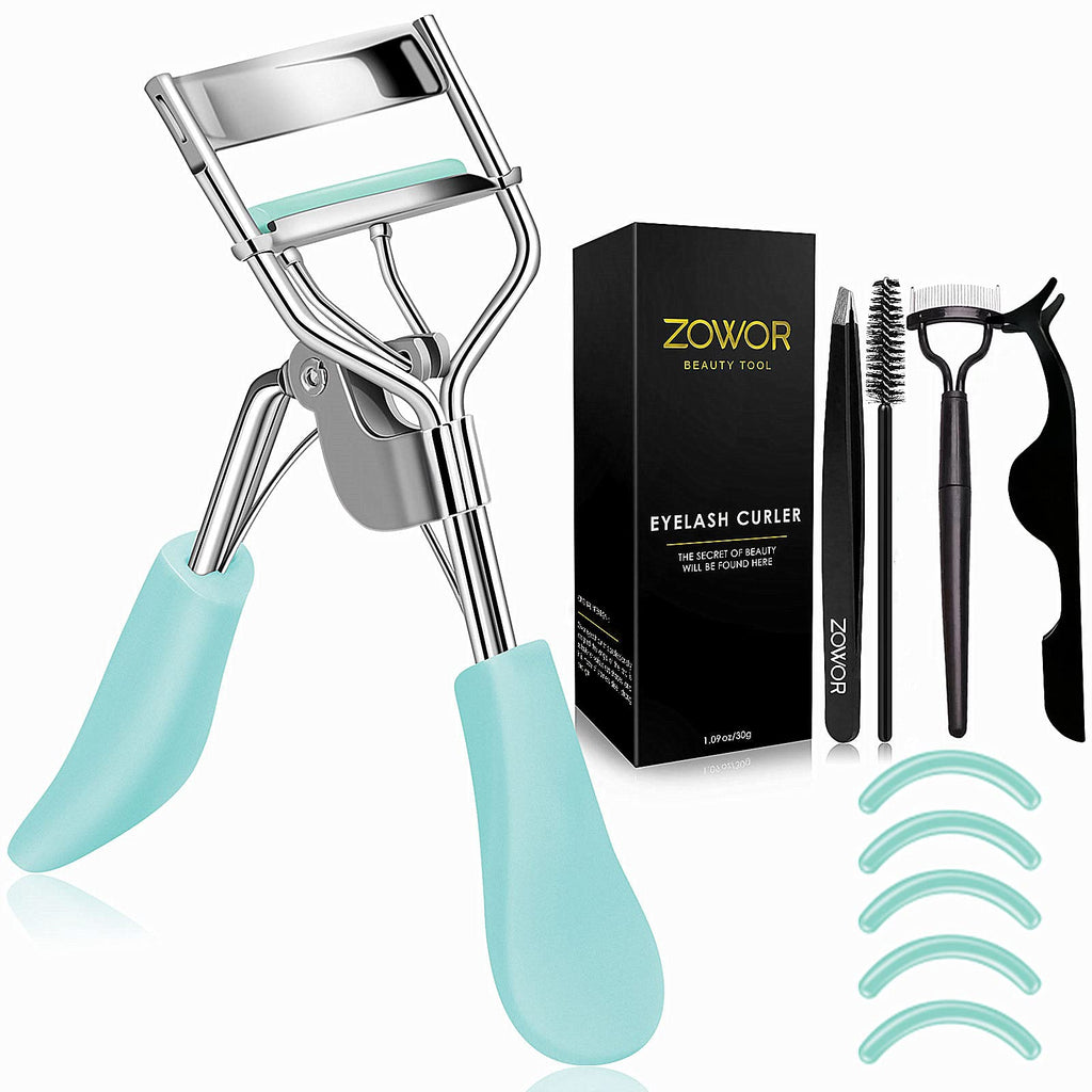 Eyelash Curler with Comb and Brush Fit All Eye Shape Curved Eyelash Curlers with 6PCS Silicone Refill Pad,Natural and Long Lasting Lash Curler for Women Make Up Gift(Blue)
