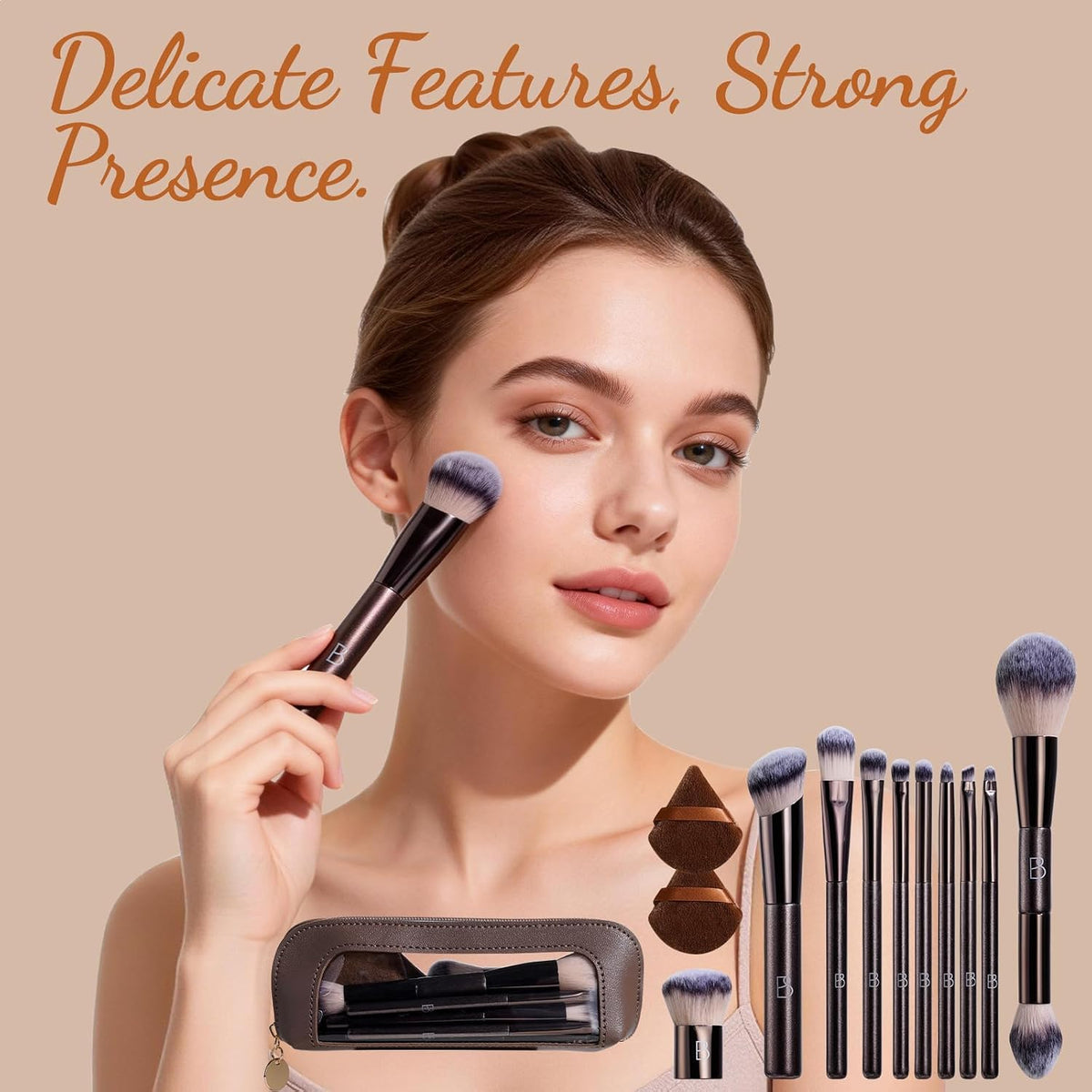 Travel Makeup Brush Set BS-MALL Ultra-Soft Synthetic Bristles Eyeshadow Brush, Foundation Brush for Liquid Makeup, Double-ended Travel Bag & Triangle Puff - Travel-friendly Multi-purpose Kit 10 Pcs