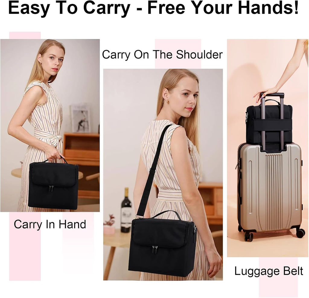 Large Makeup Carrying Train Case for Women, 4 Tier Travel Bag Box, Black