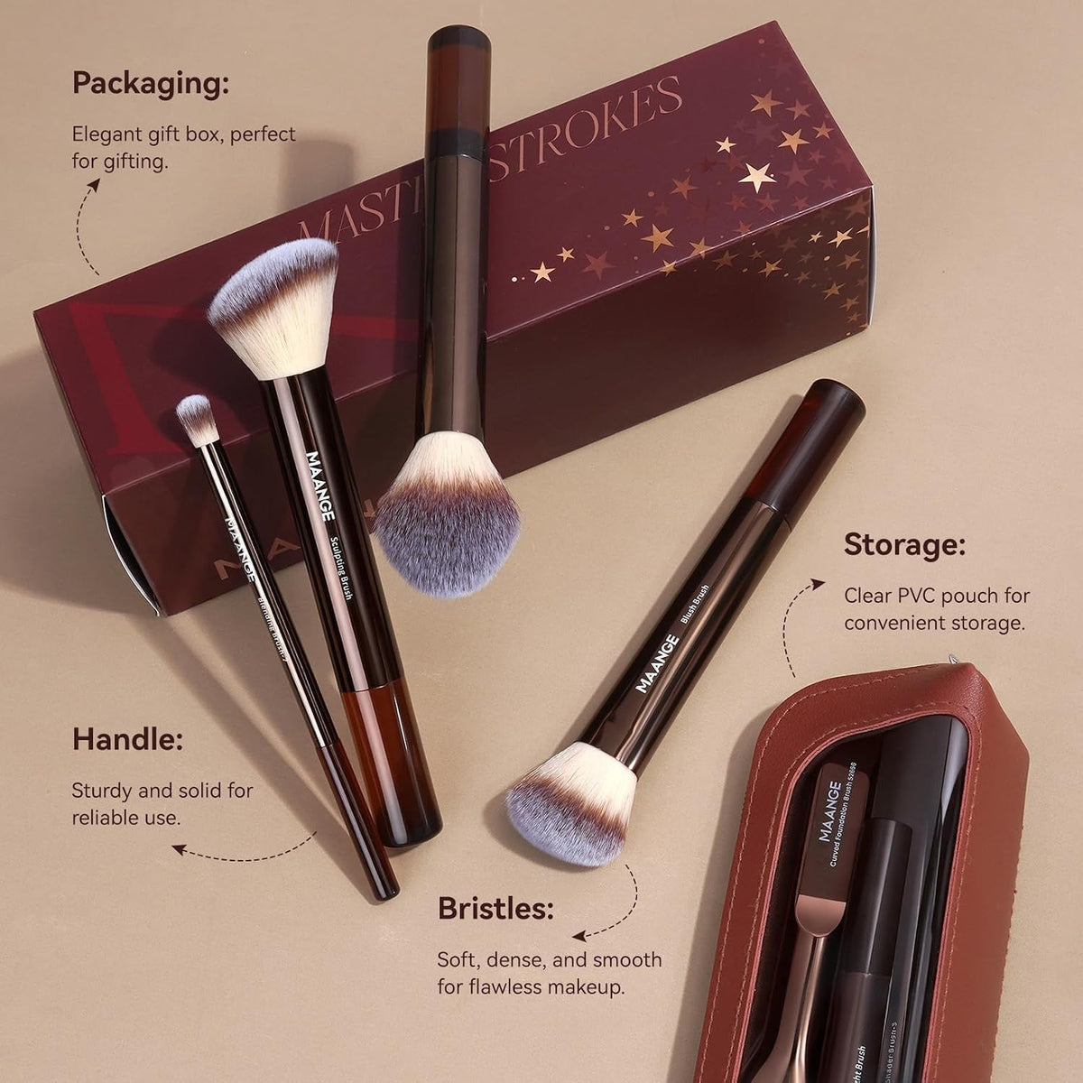 MAANGE 14 PCS Makeup Brushes Professional Make Up Brushes Premium Synthetic Powder Concealers Brushes Travel Makeup Brush Set with Case (Coffee)