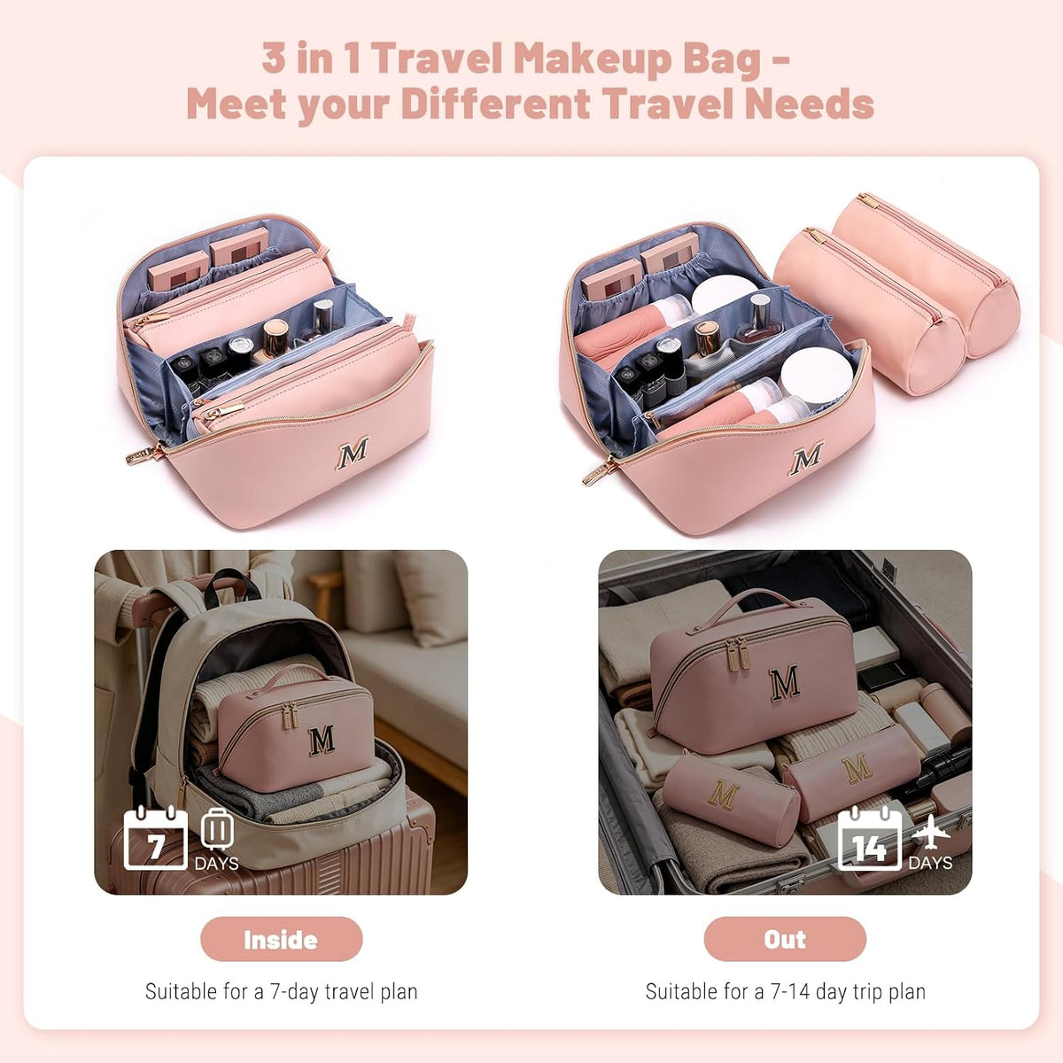 BOYATU Personalized Travel Makeup Bag: 3-in-1 Cosmetic Bag Gift for Women