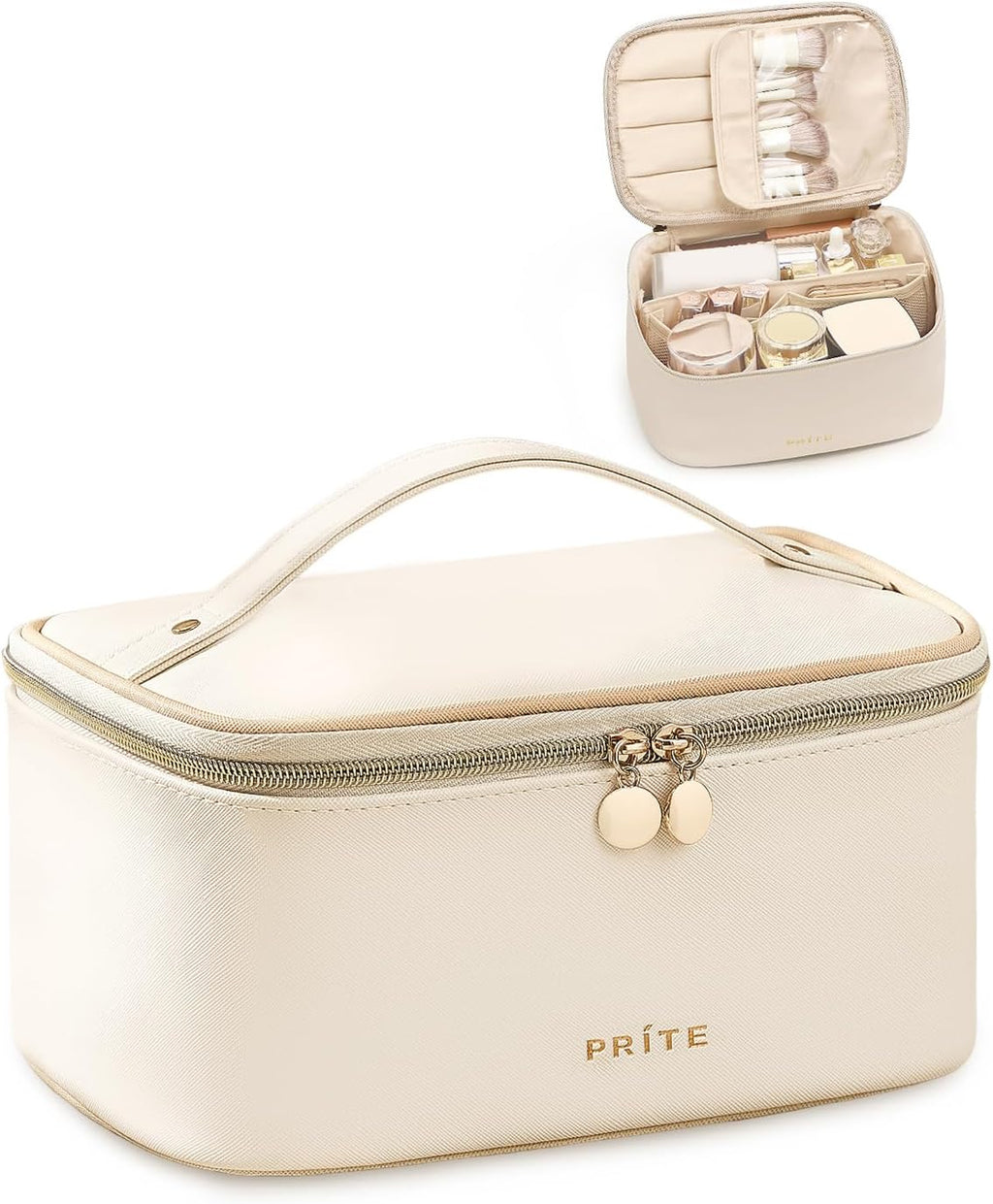 Prite Makeup Bag Travel Cosmetic Case, Women Toiletry Bag Organizer, Beige