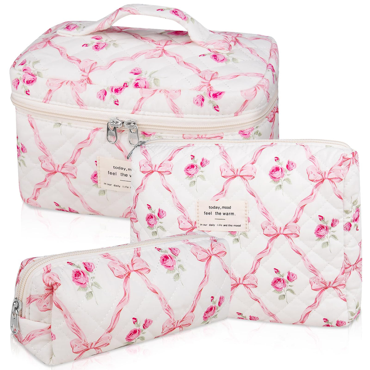Gosect Makeup Bag, Large Quilted Cosmetic Bag, Big Floral Make Up Bag for Women Girls, Cute Cotton Makeup Bag Set, Flower Travel Toiletry Organizer Bag (Blue Flower)