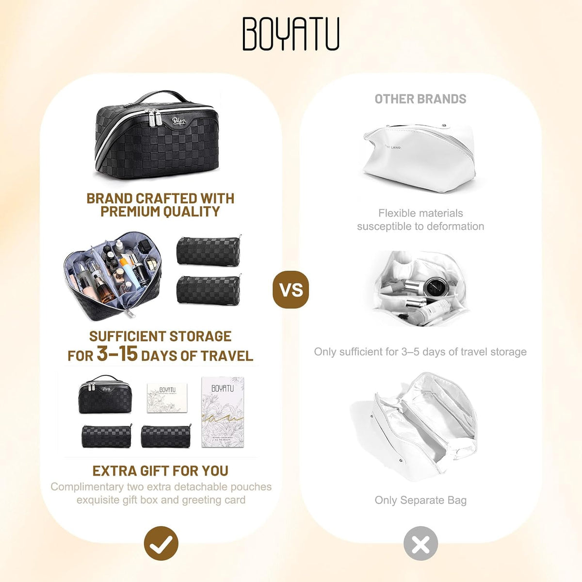 BOYATU Travel Makeup Bag Organizer: 3 Pcs Large Cosmetic Bags Set for Women