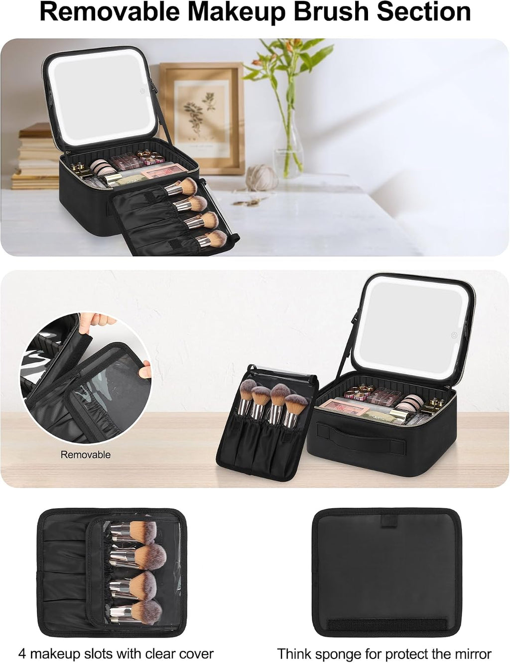 Chomeiu Makeup Bag with LED Mirror, Cosmetic Travel Bag for Women, Black