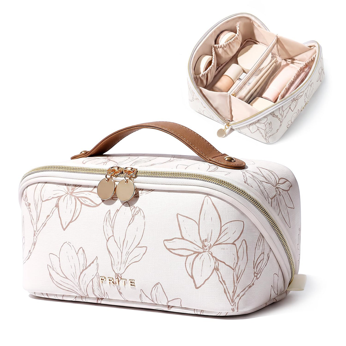 Prite Makeup Bag Travel Toiletry Bag Open Flat Cosmetic Organizer for Women
